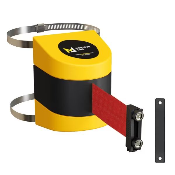 Retractable Belt Barrier Yellow Clamped Mount, 20ft. Red Belt (M), Montour Line, Mfr#: WMX160-YW-RD-C-M-200